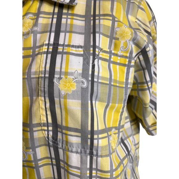 Adrian Delafield blouse L/XL Yellow gray plaid flowers short sleeve pocket colla - Picture 11 of 15